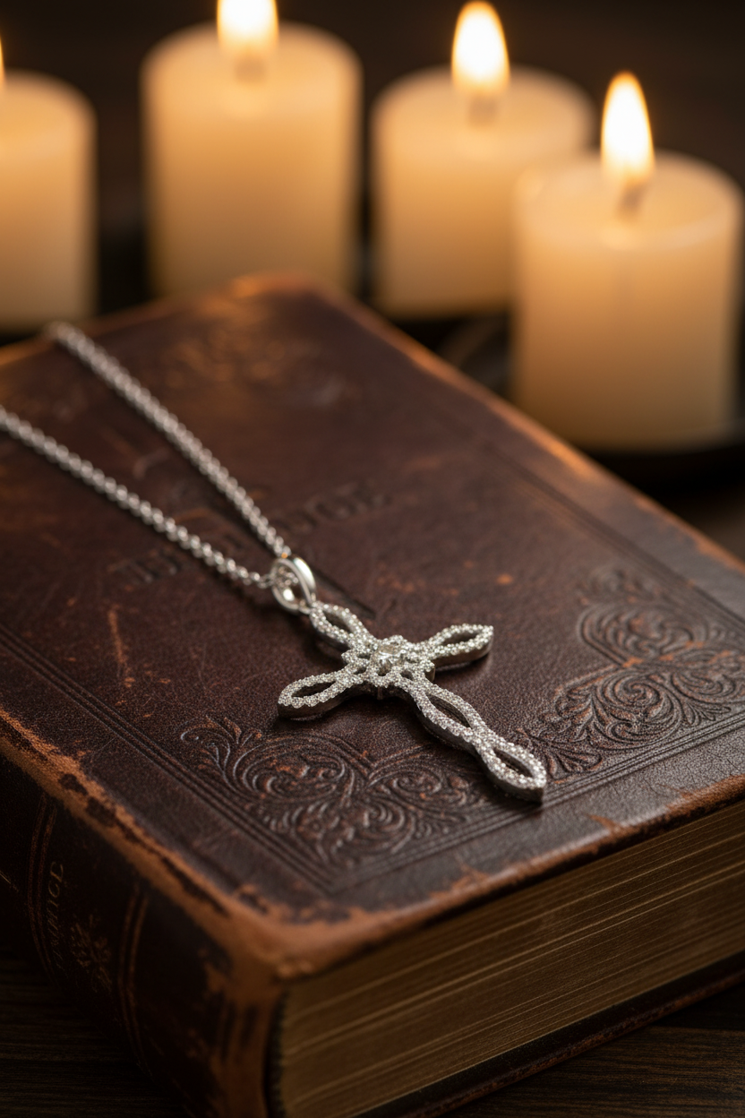 14K White Gold Diamond Cross Pendant on leather Bible with candlelight