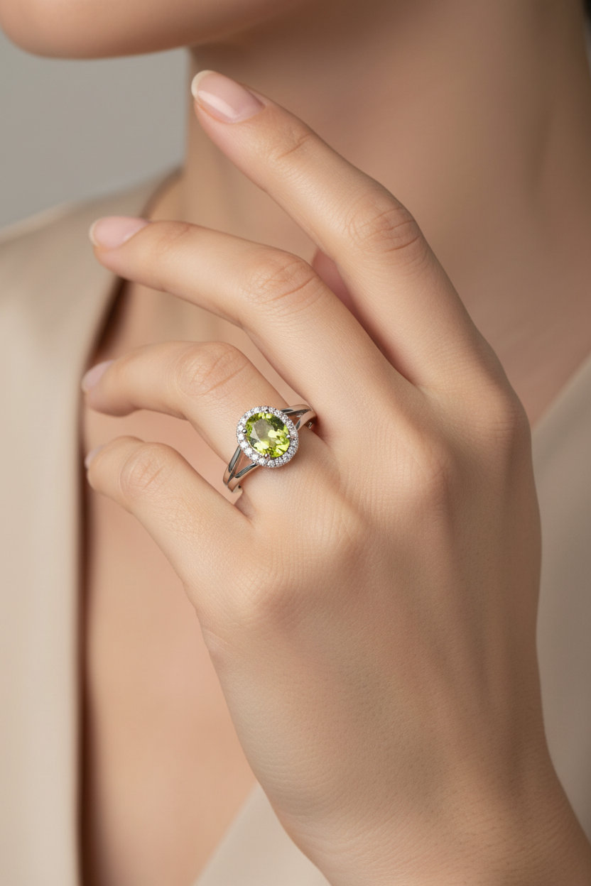 14K white gold oval peridot and diamond halo ring with plain split shank worn on a woman's ring finger, lifestyle editorial photo