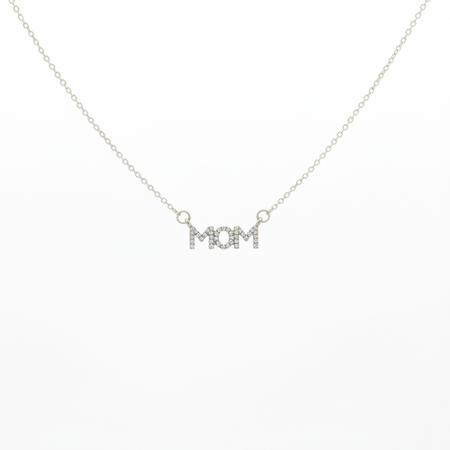 Silver-tone crystal pavé MOM letter bar necklace suspended on white background