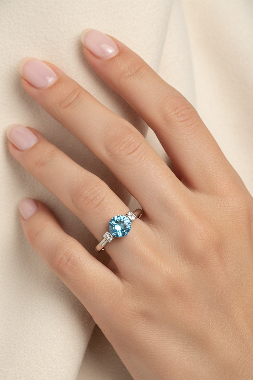 Sterling silver faceted blue topaz crystal ball spinning ring with cubic zirconia bar shoulders worn on a woman's ring finger, lifestyle editorial photo