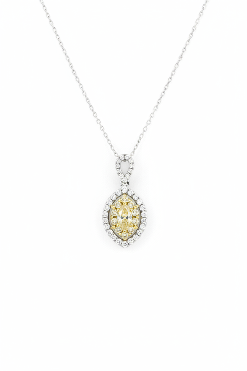 14K two-tone fancy yellow marquise diamond double halo pendant necklace on white background