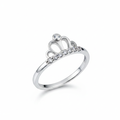 Sterling silver CZ crown tiara ring suspended on white background, professional jewelry photography