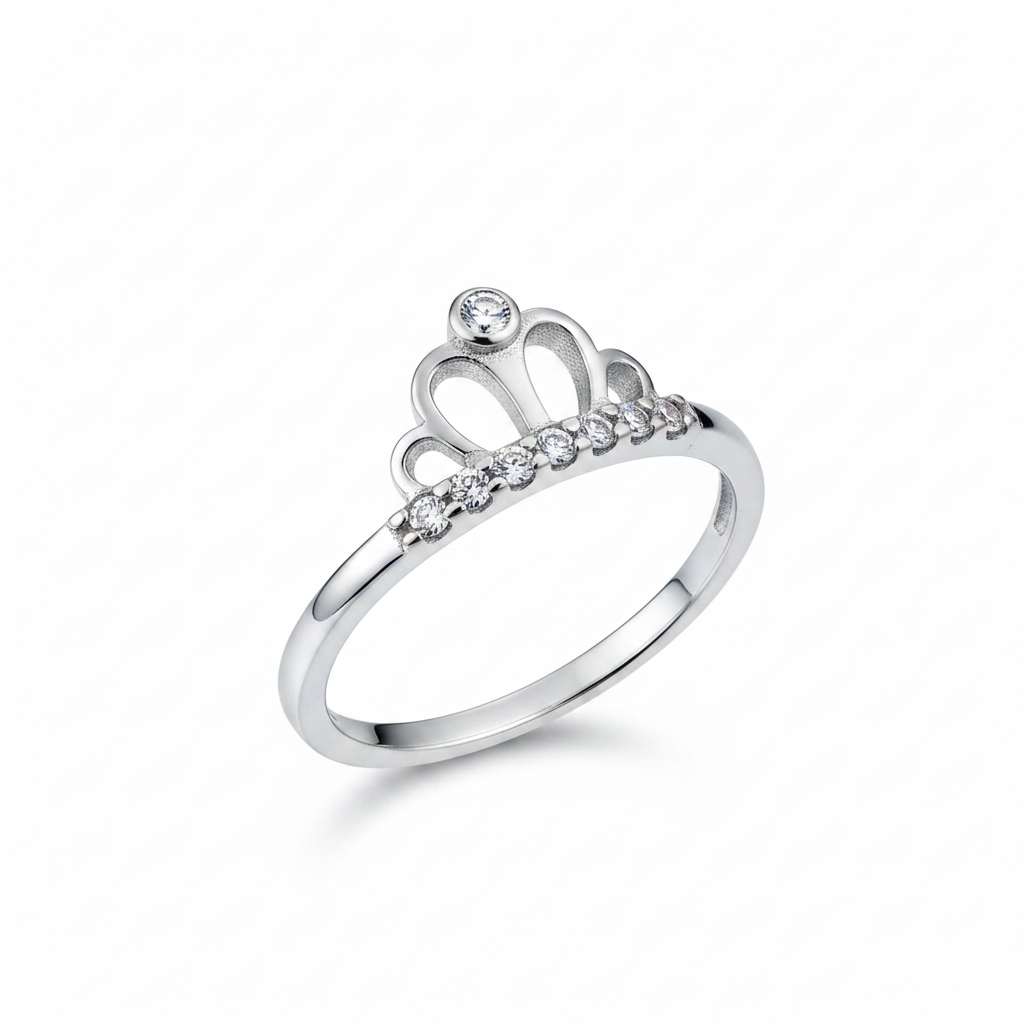 Sterling silver CZ crown tiara ring suspended on white background, professional jewelry photography