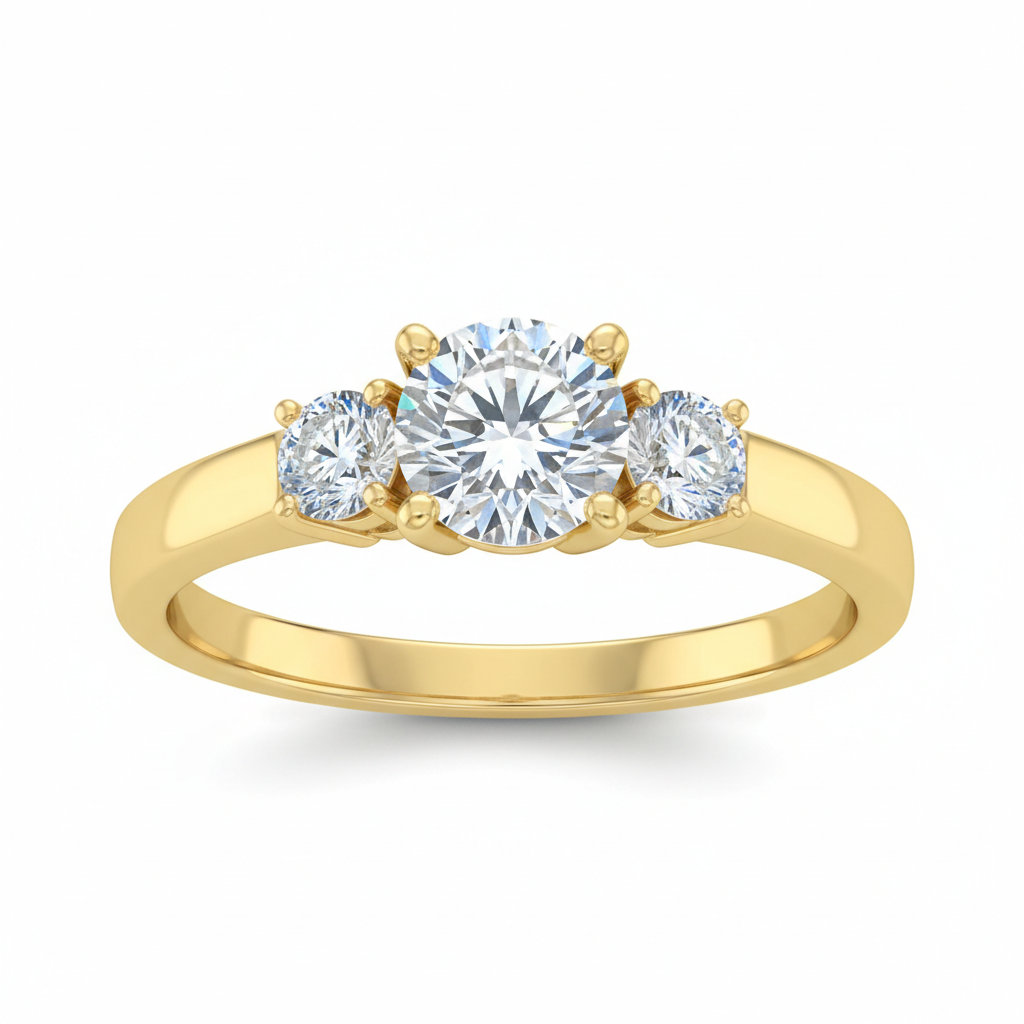 10K Yellow Gold Three-Stone CZ Ring on white background