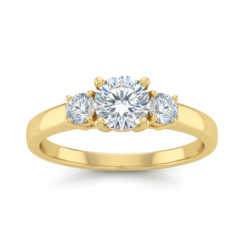 10K Yellow Gold Three-Stone CZ Ring on white background