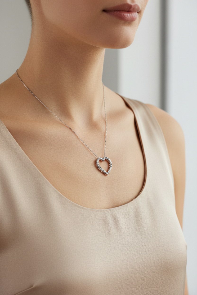 1/2ctw open heart diamond pendant necklace in 10kt white gold worn on model's neck true to scale