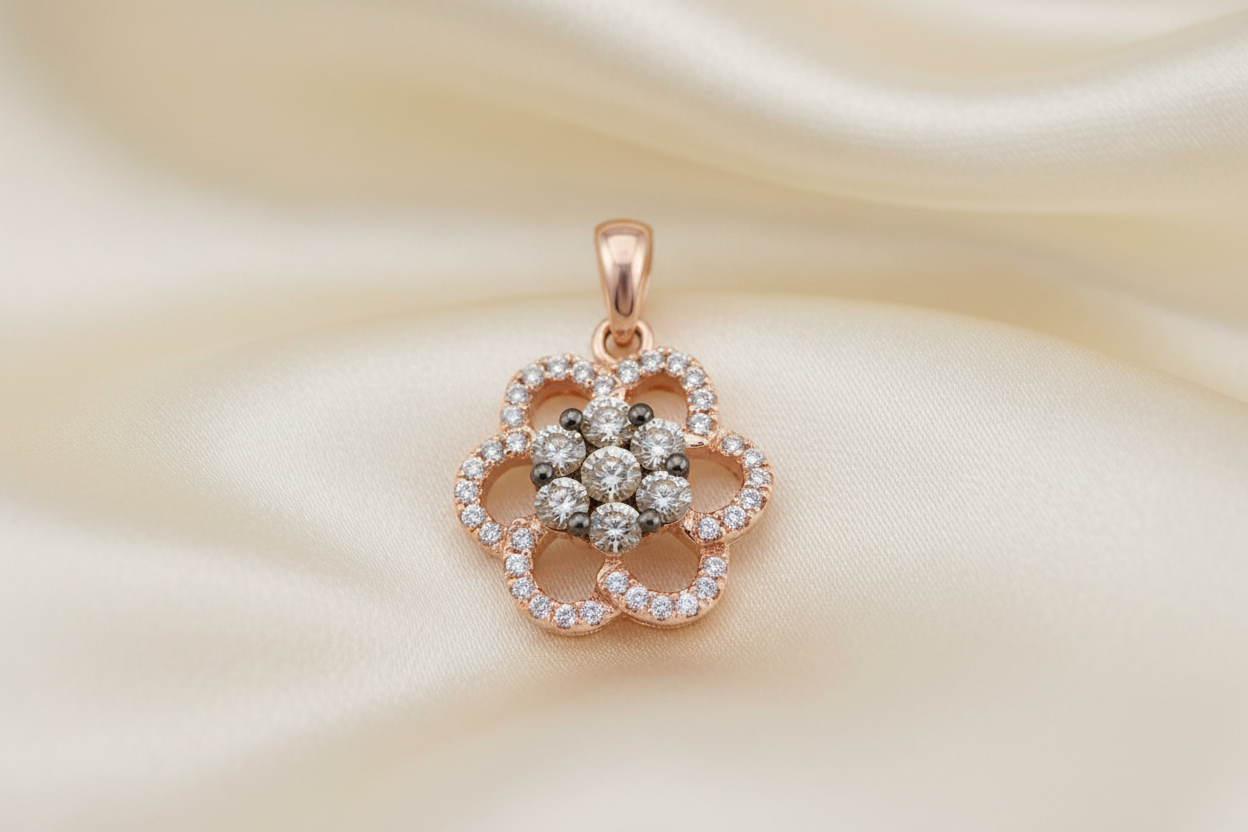 14K rose gold diamond flower cluster pendant laying on cream silk, no chain