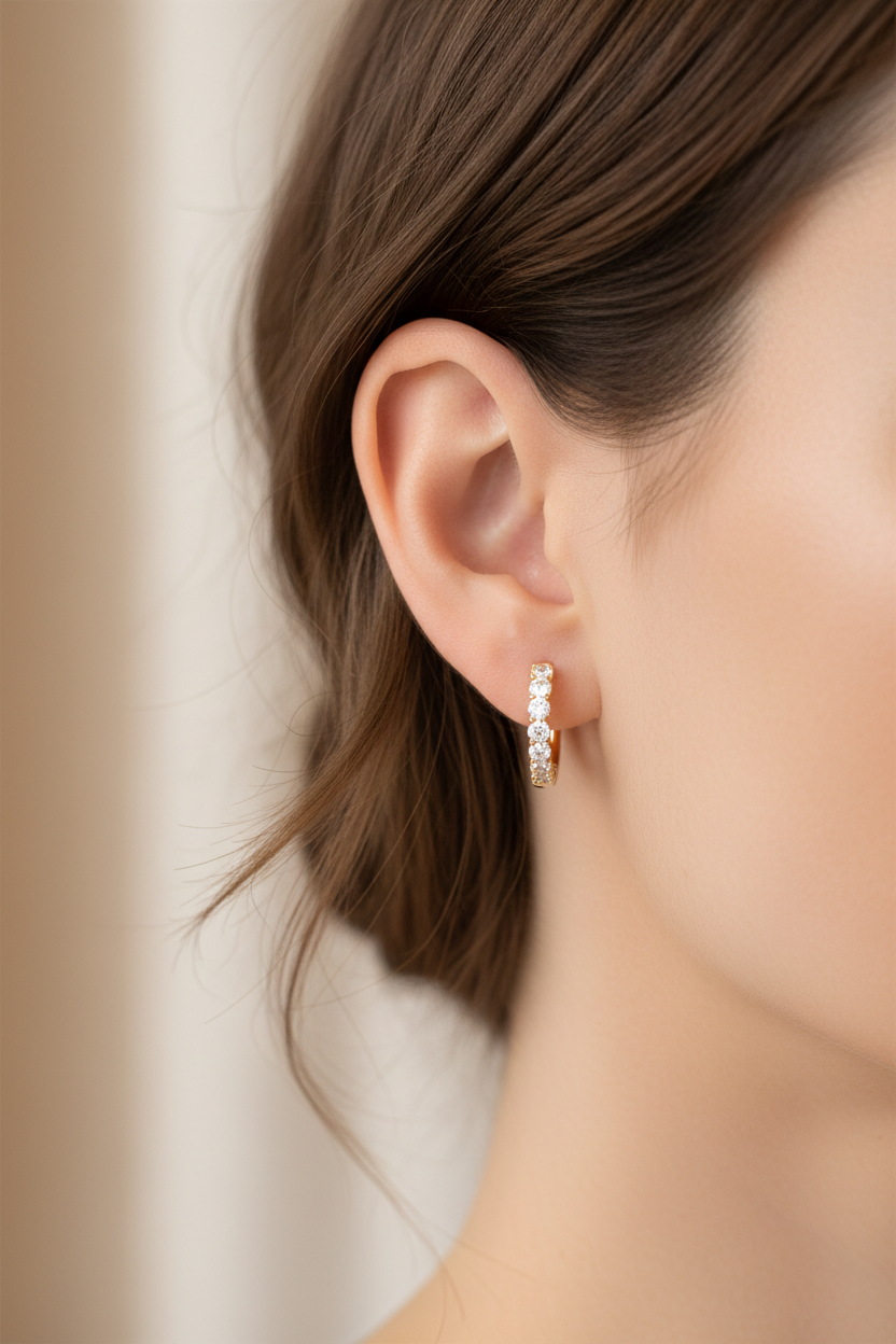 Model wearing 14K yellow gold diamond hoop earrings