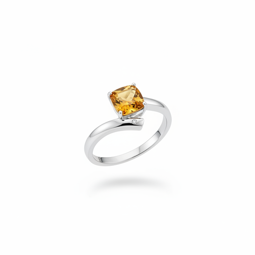 1.30 ct. cushion-cut citrine and diamond accent 14kt white gold ring suspended on white background