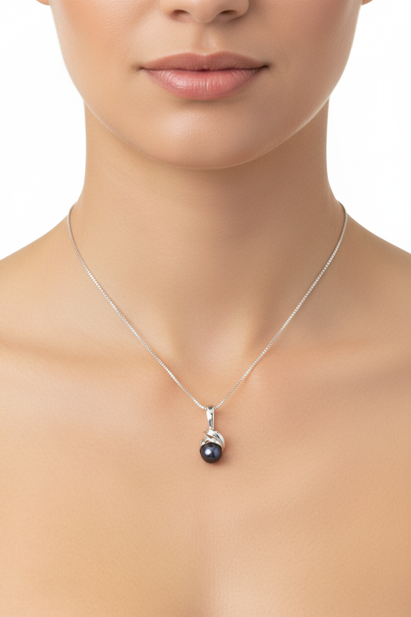 14K white gold black pearl swirl pendant necklace worn on model at true to scale size