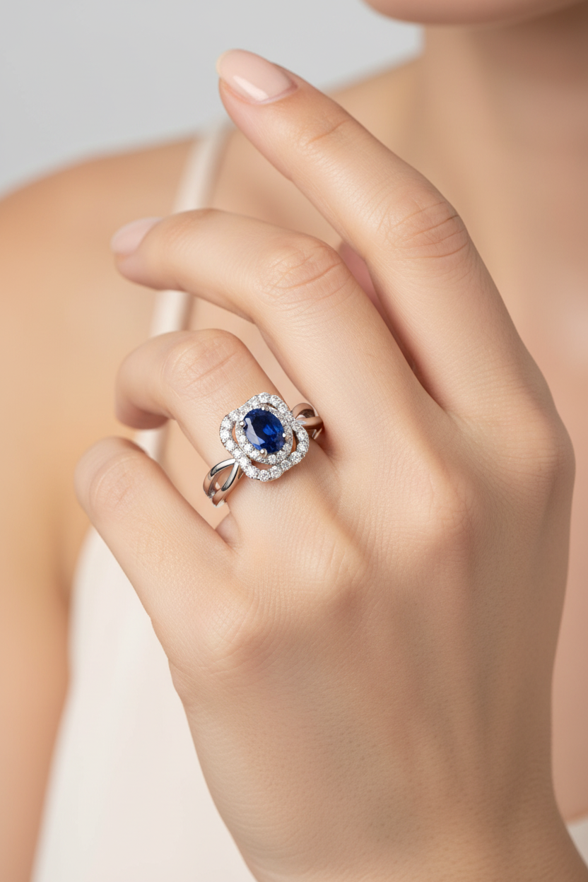 14K white gold oval blue sapphire double diamond halo ring with twisted split shank worn on a woman's ring finger, lifestyle editorial photo
