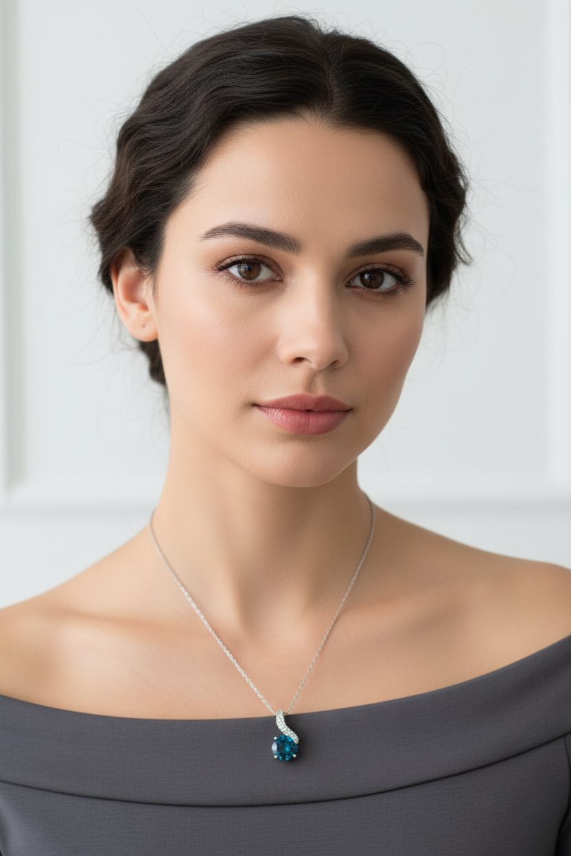 Round London Blue Topaz and pavé diamond wave accent pendant necklace in 14kt white gold worn on model facing forward, editorial lifestyle shot