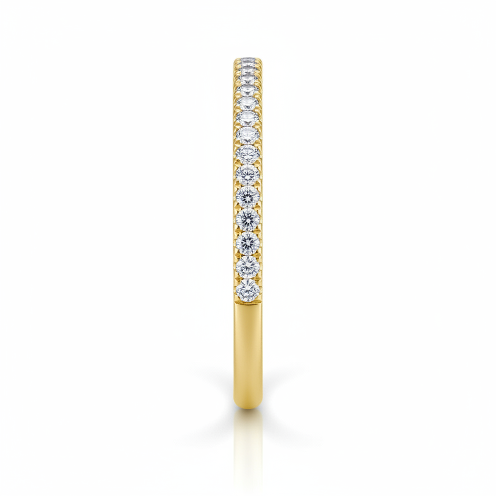 14K yellow gold micro-pavé straight diamond wedding band side profile shot