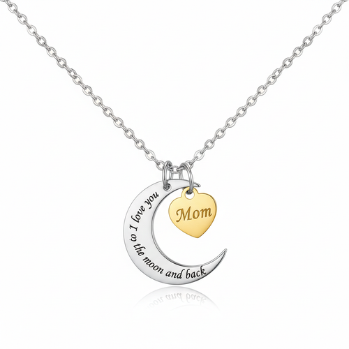 Two-tone I Love You Mom to the Moon and Back pendant necklace suspended on white background