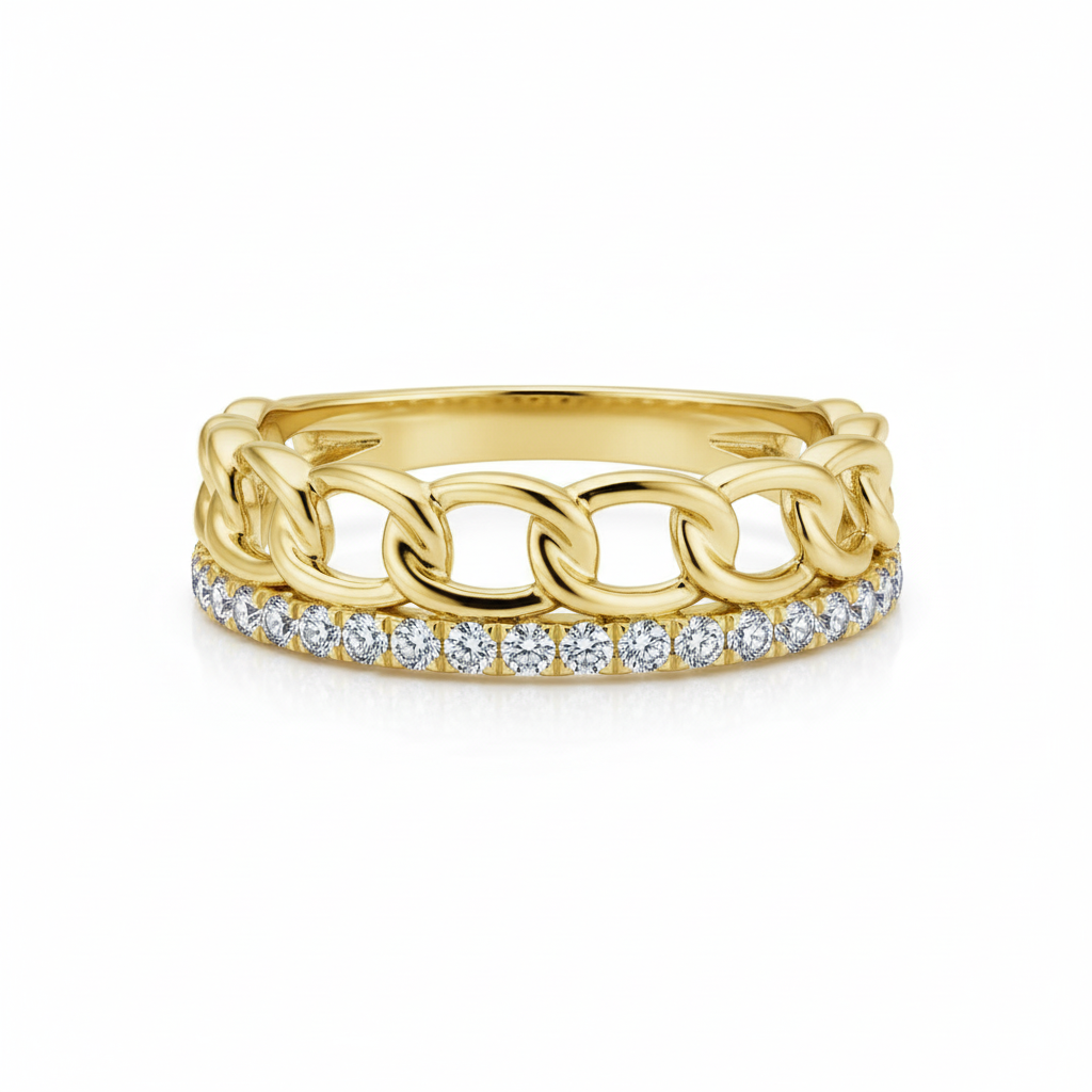 14K yellow gold chain link and micro-pavé diamond wedding band flat lay with diamond side forward