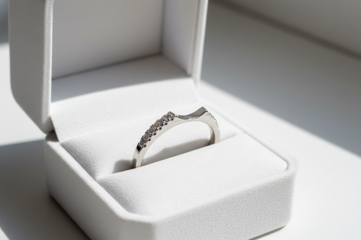 14K white gold curved diamond wedding band displayed in an open white velvet ring box