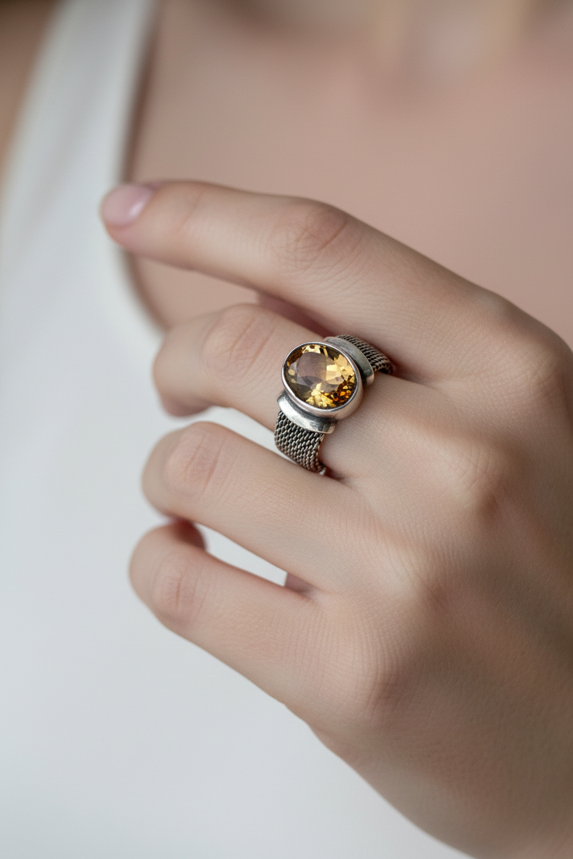 Oval citrine bezel set cocktail ring with byzantine link chain band worn on model's finger, true to scale