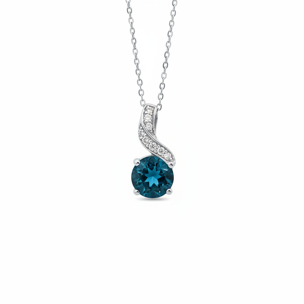 Round London Blue Topaz and pavé diamond wave accent pendant in 14kt white gold on white background