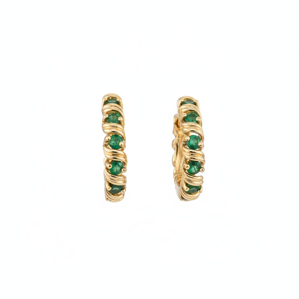 14K gold emerald hoop earrings freestanding on white background