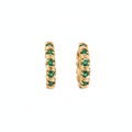 14K gold emerald hoop earrings freestanding on white background