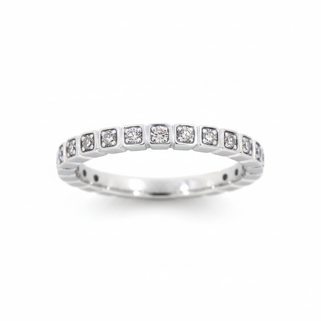 14K white gold square prong diamond straight wedding band flat lay top-down shot on white surface