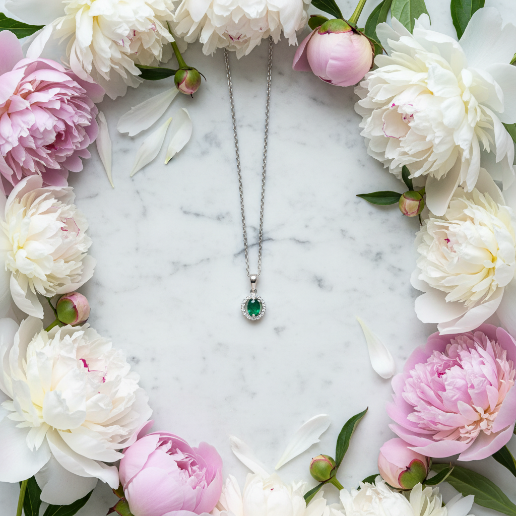 14K white gold oval emerald and diamond halo pendant spring flat lay with peonies on white marble