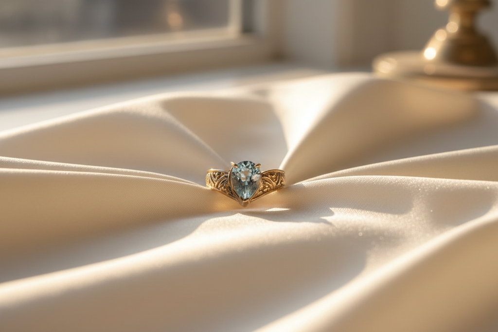 10K yellow gold pear aquamarine V-band engraved ring on ivory silk cloth