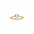 10K yellow gold oval aquamarine ring with diamond swirl accent on white background