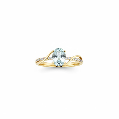 10K yellow gold oval aquamarine ring with diamond swirl accent on white background