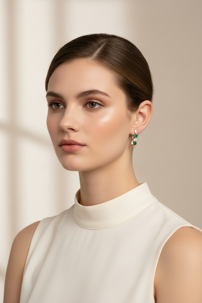 Model wearing 14K yellow gold elongated hoop earrings with emeralds and diamonds, wider shot true to life scale