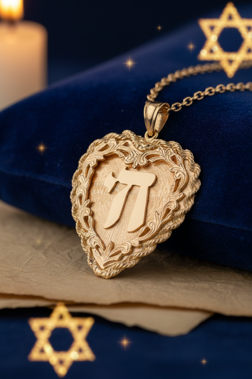 14K Yellow Gold Heart Chai Pendant - Jewish Heritage