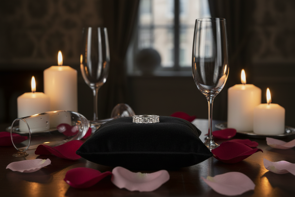 5-stone square step-cut platinum diamond band with anniversary theme, champagne and candlelight