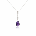 14K white gold amethyst briolette and diamond station pendant necklace on white background