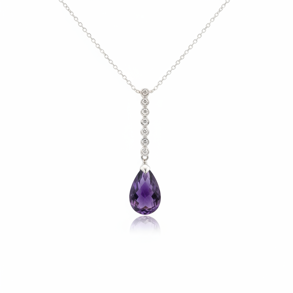 14K white gold amethyst briolette and diamond station pendant necklace on white background