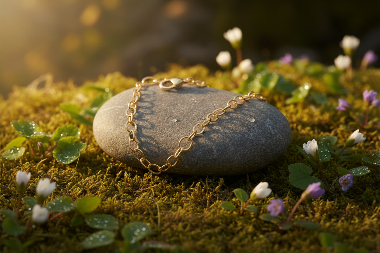 9 Karat Yellow Gold Chain draped on river stone with moss and wildflowers