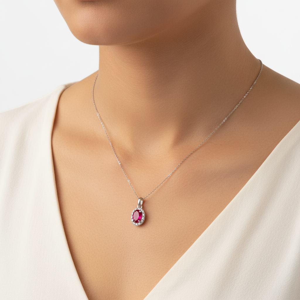 Oval ruby and diamond halo pendant in 14kt white gold worn on model's neck, true to scale lifestyle photo