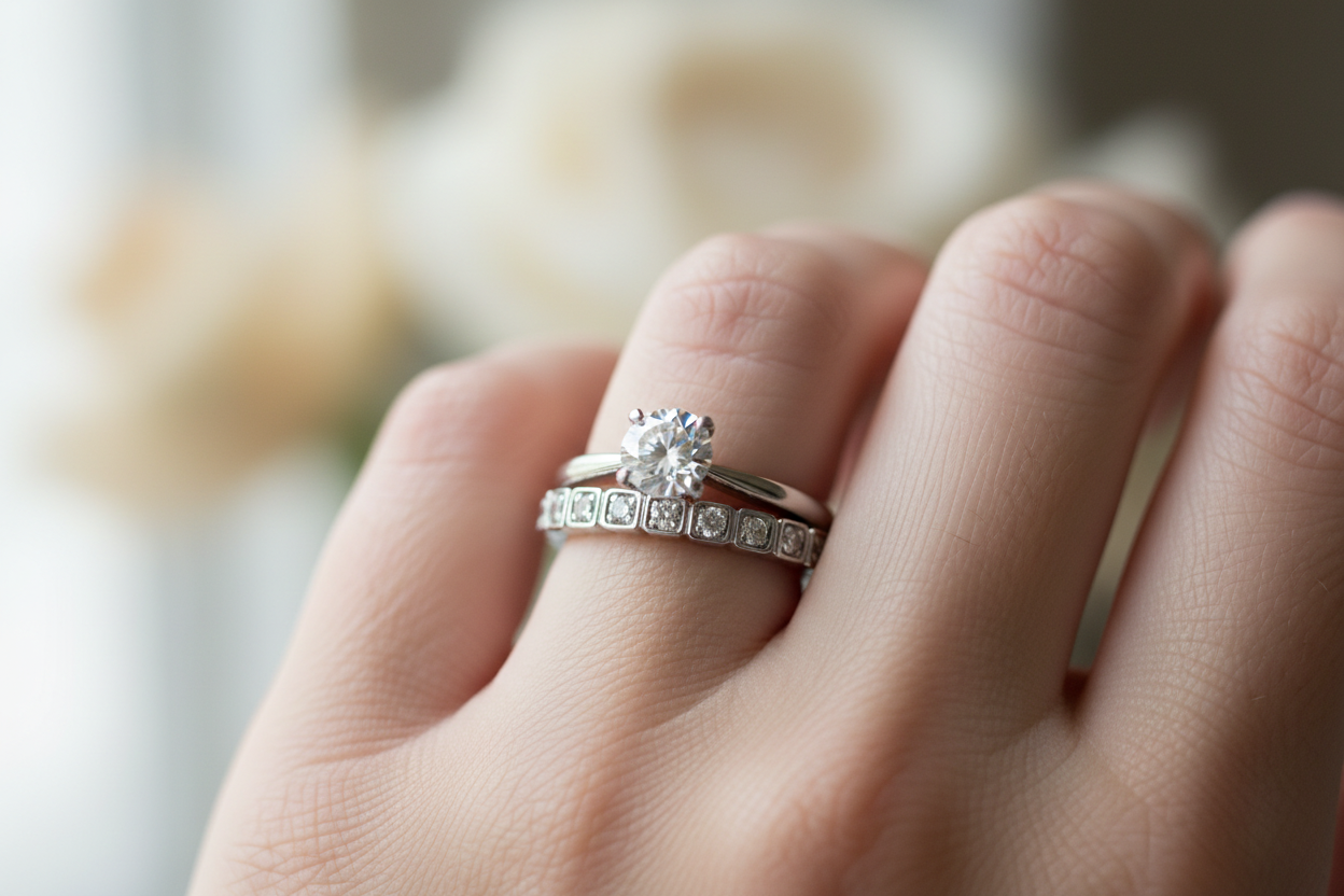 14K white gold square prong diamond straight wedding band stacked with a diamond engagement ring on the same finger