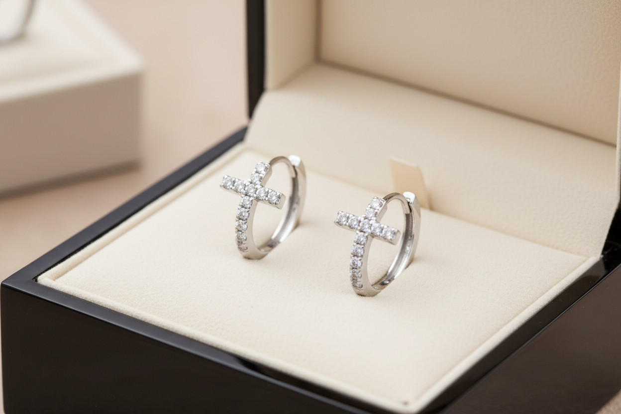 14K white gold diamond cross hoop earrings displayed in an elegant jewelry box