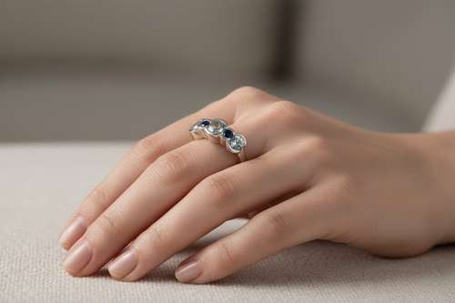 14K White Gold Aquamarine & Blue Sapphire Ring worn on hand