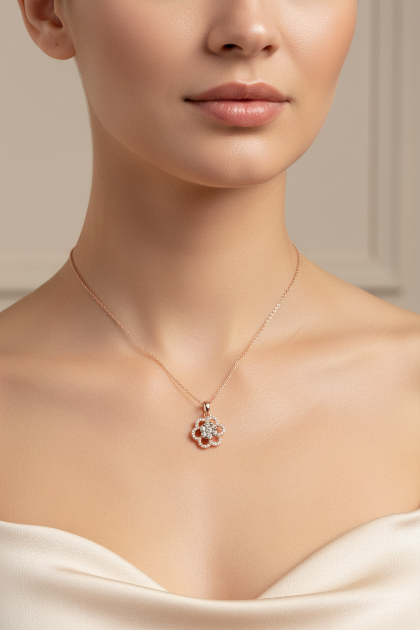 Model wearing petite 14K rose gold diamond flower cluster pendant on a delicate chain