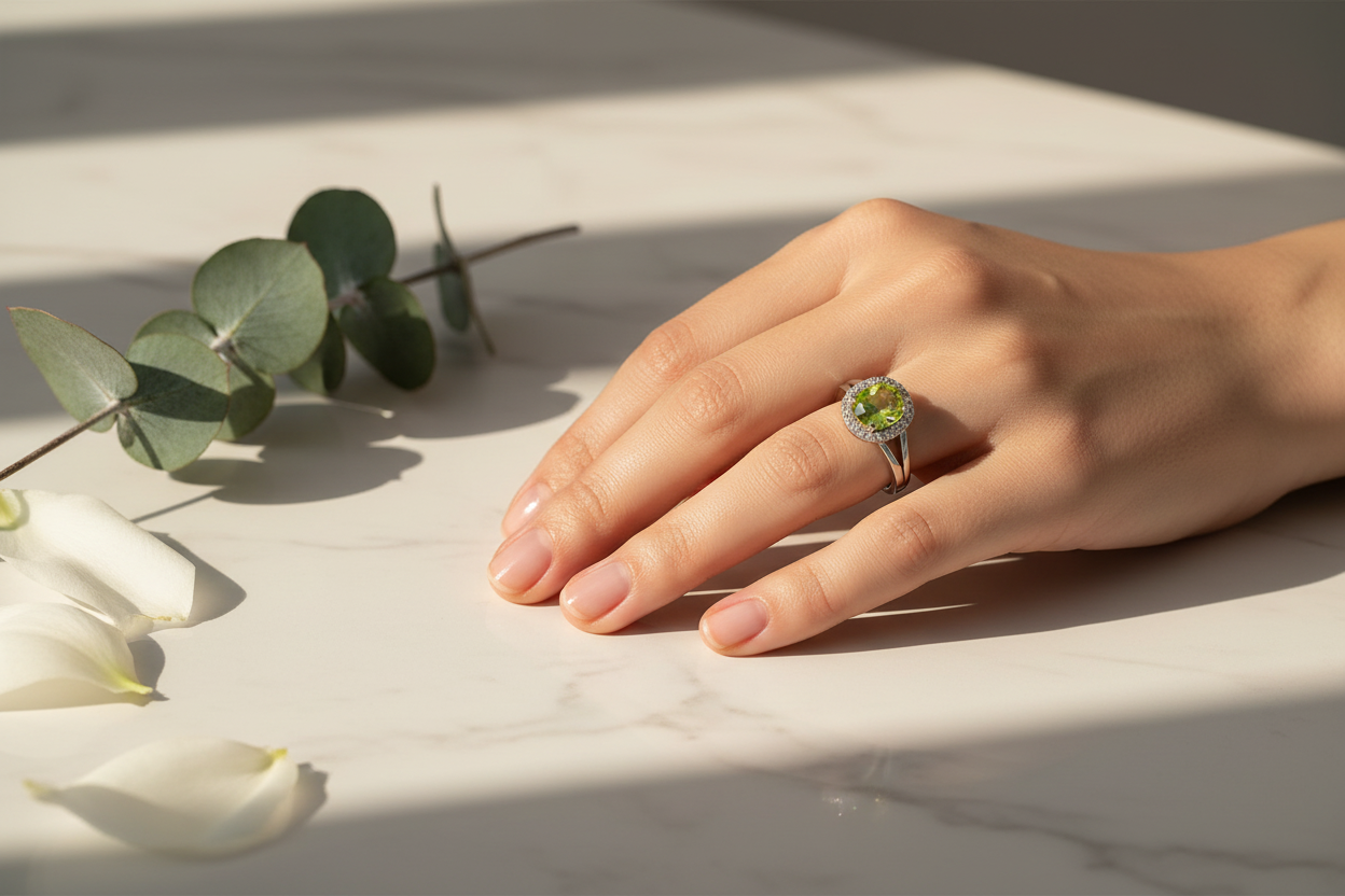 14K white gold oval peridot and diamond halo ring on a sun-drenched marble surface with eucalyptus and flower petals, summer editorial lifestyle photo