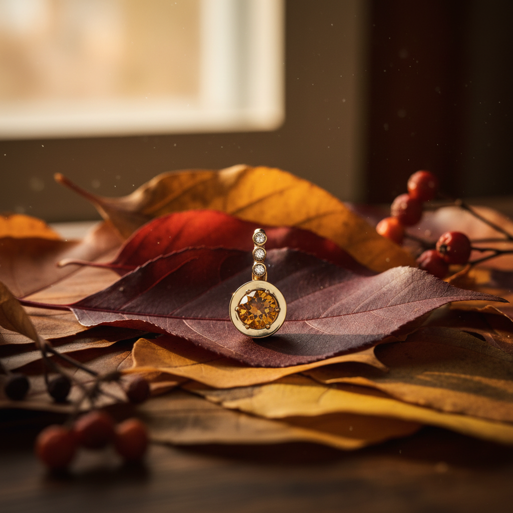 14K yellow gold checkerboard-cut citrine and diamond drop pendant resting on autumn leaves in burgundy, burnt orange, and gold tones