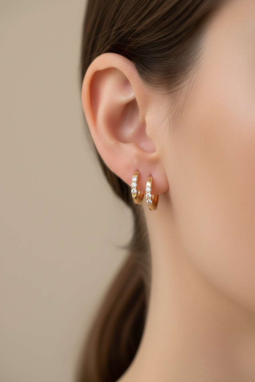 Model wearing tiny 14K yellow gold diamond huggie hoop earrings hugging the bottom of the earlobe