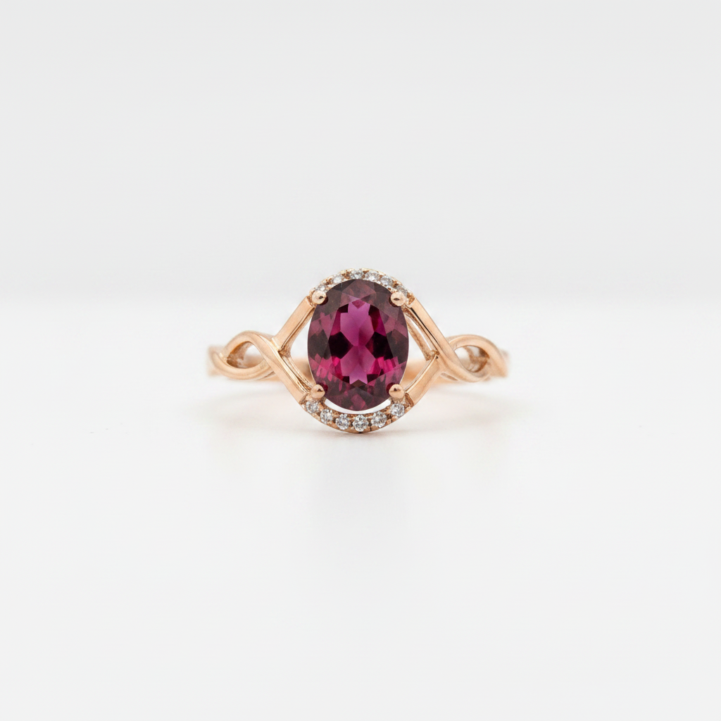 10K rose gold oval rhodolite garnet ring with diamond accents on white background