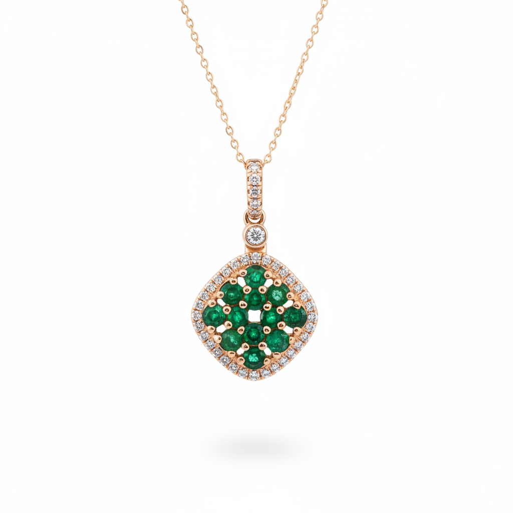 14K rose gold cushion emerald cluster and diamond halo pendant on white background