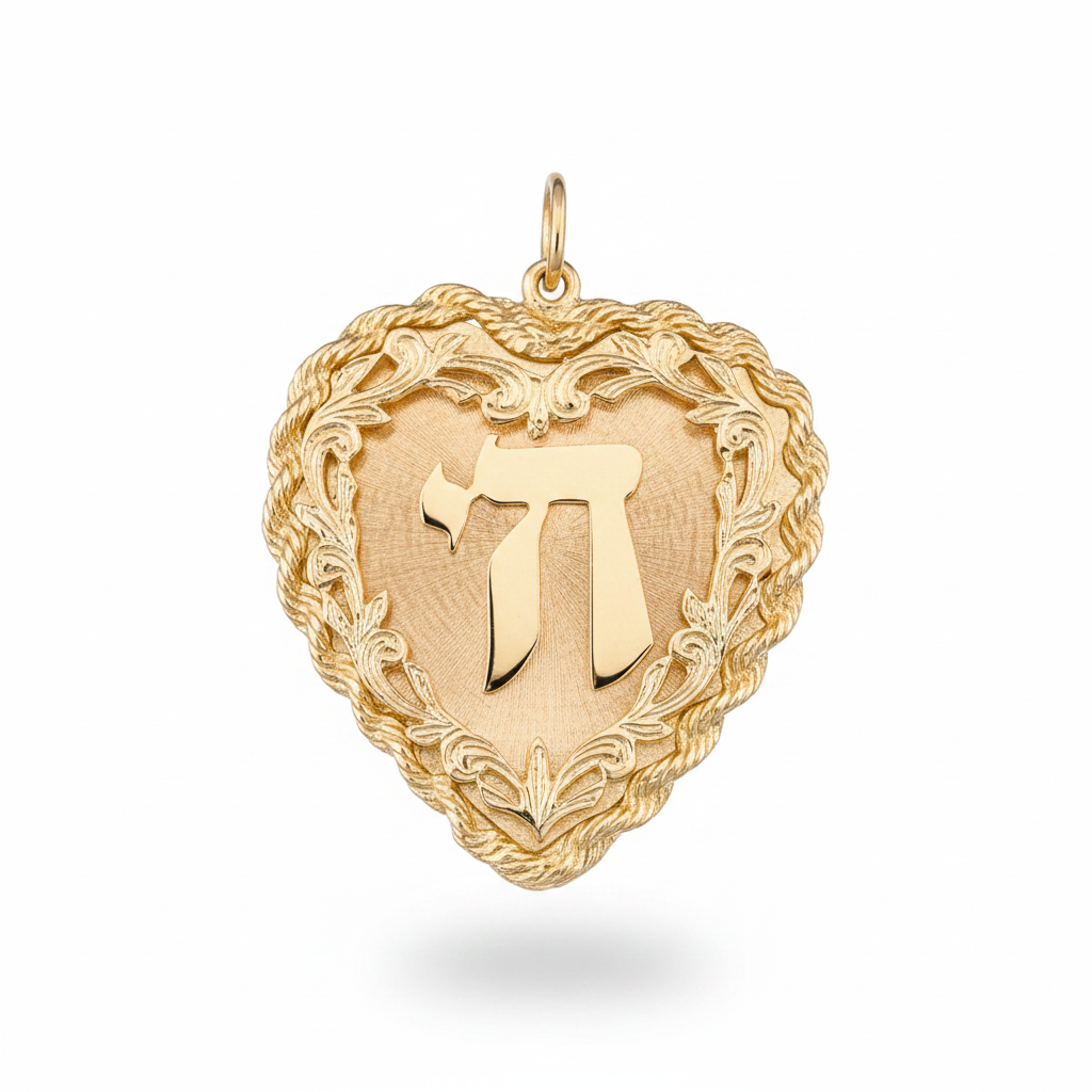14K Yellow Gold Heart Chai Pendant - Suspended White Background