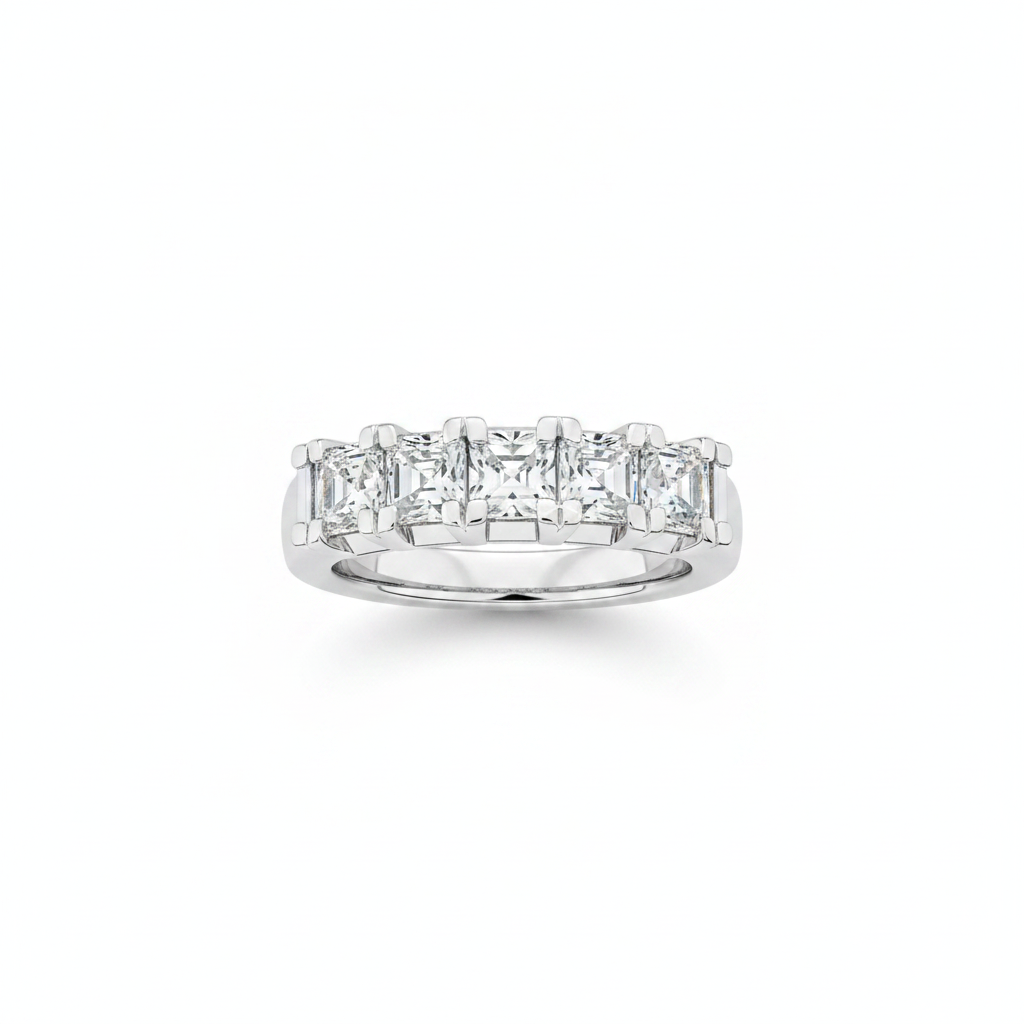 5-stone square step-cut diamond band in platinum floating on white background