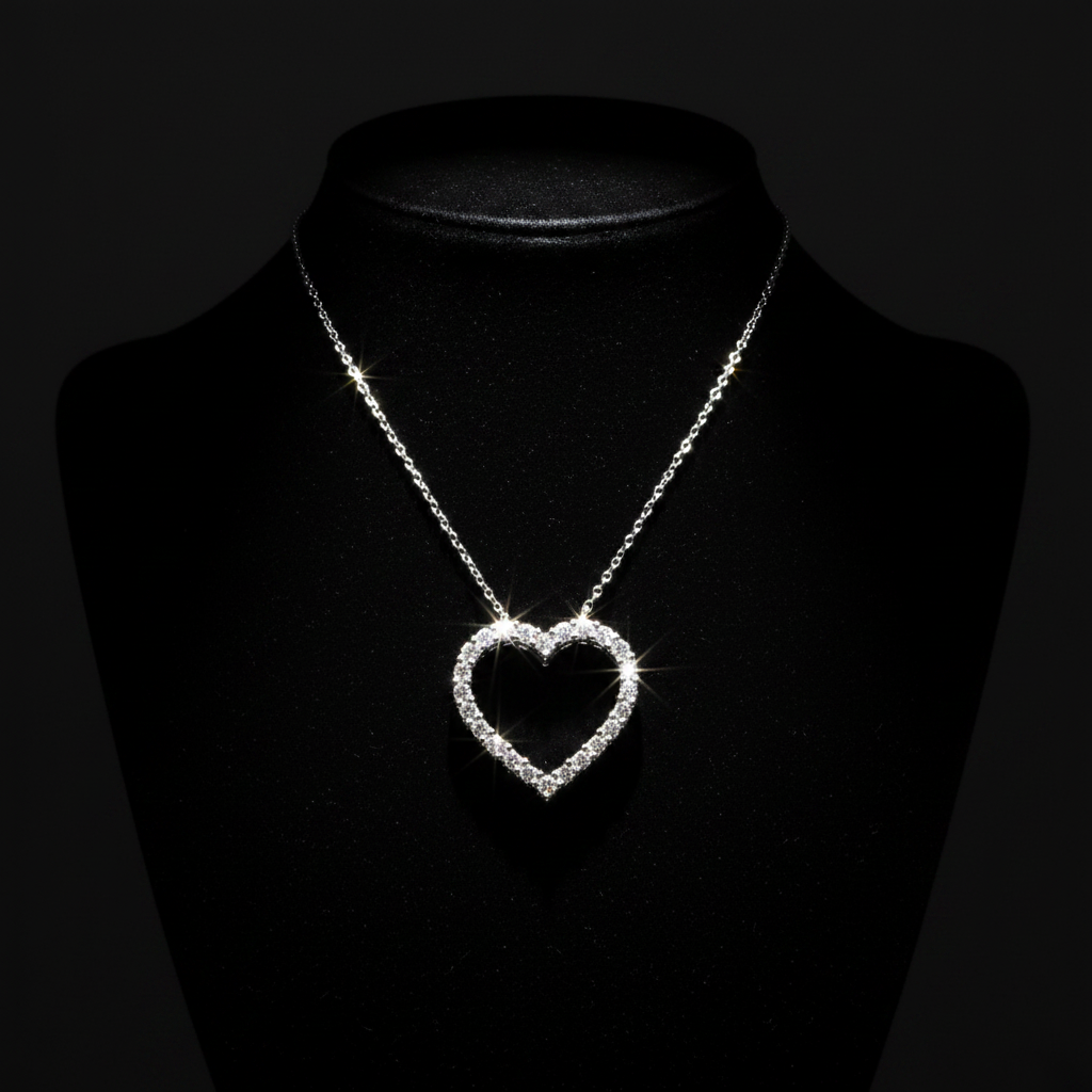 1/2ctw open heart diamond pendant necklace in 10kt white gold on black velvet with dramatic moody lighting