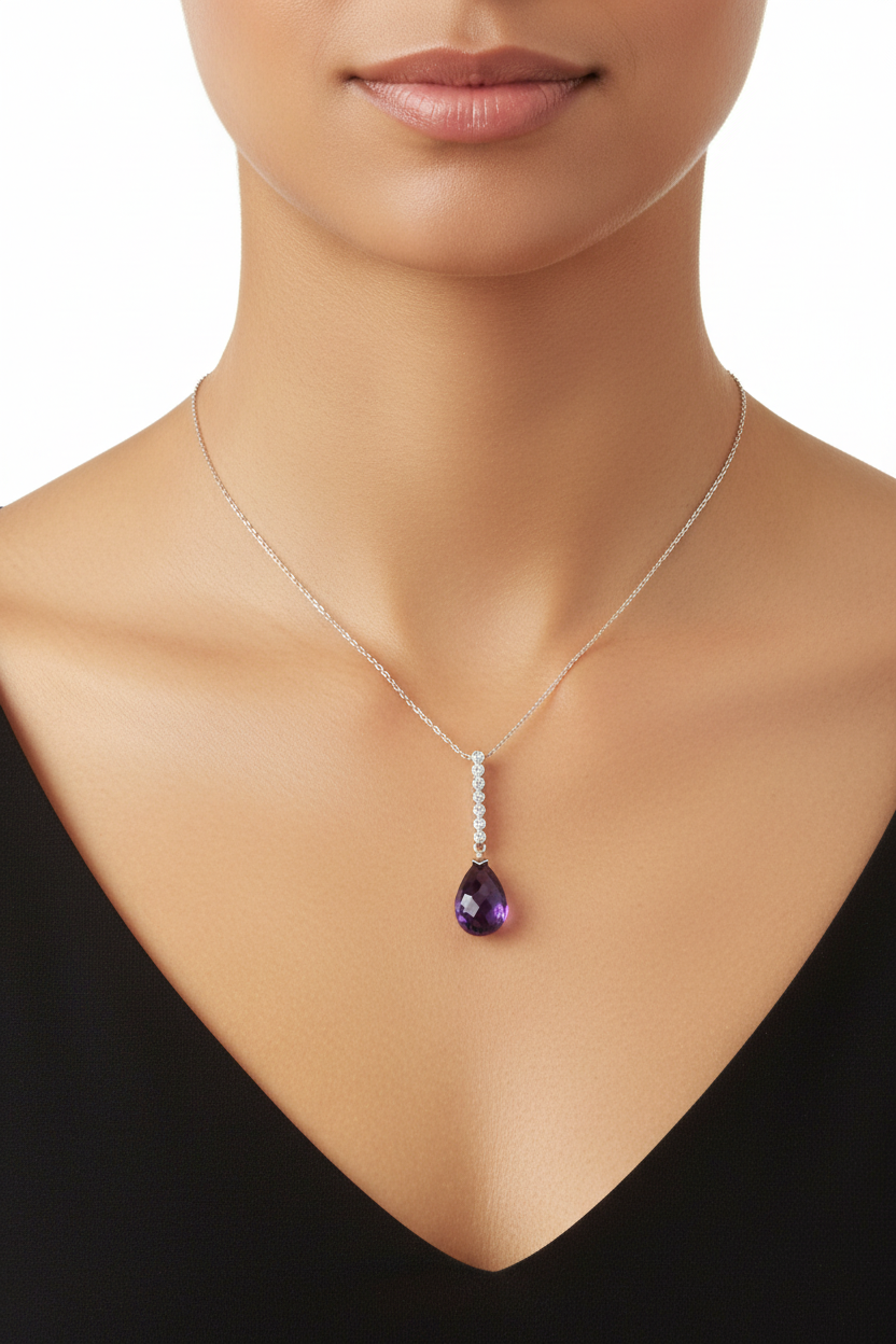 14K white gold amethyst briolette and diamond station pendant necklace worn on model
