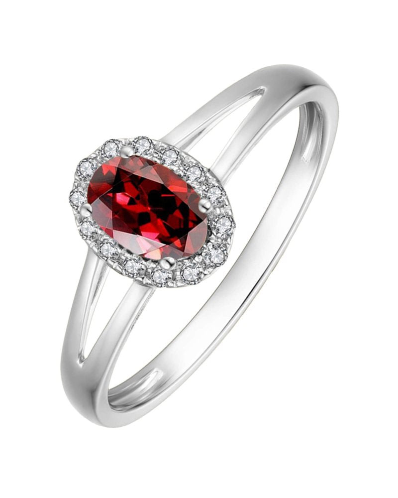 14K White Gold Oval Garnet & Diamond Halo Ring